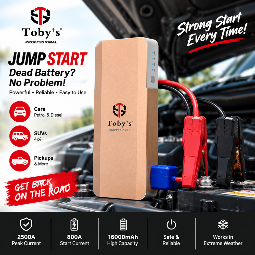 Toby's Professional jump starter in use on a car battery - Carbox Kuwait