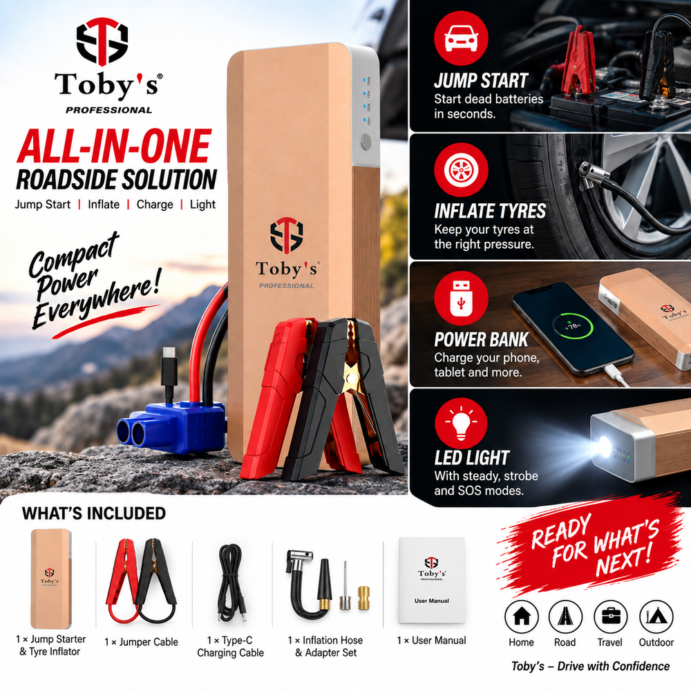 Toby's Professional all-in-one roadside jump starter tyre inflator power bank and LED light - Carbox Kuwait
